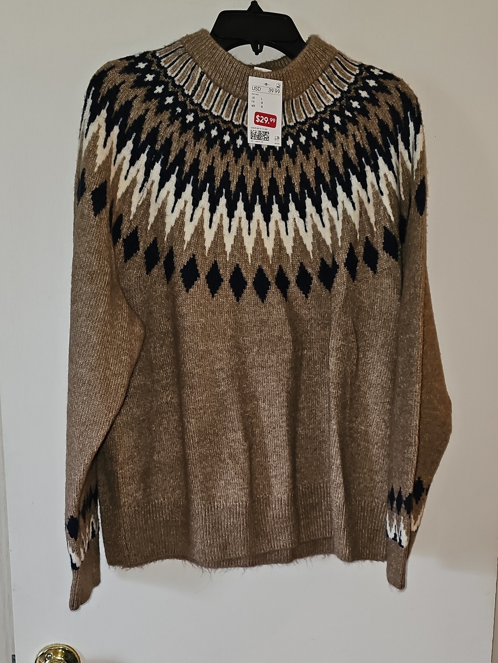 Women's Cream & Brown Patterned Knit Sweater